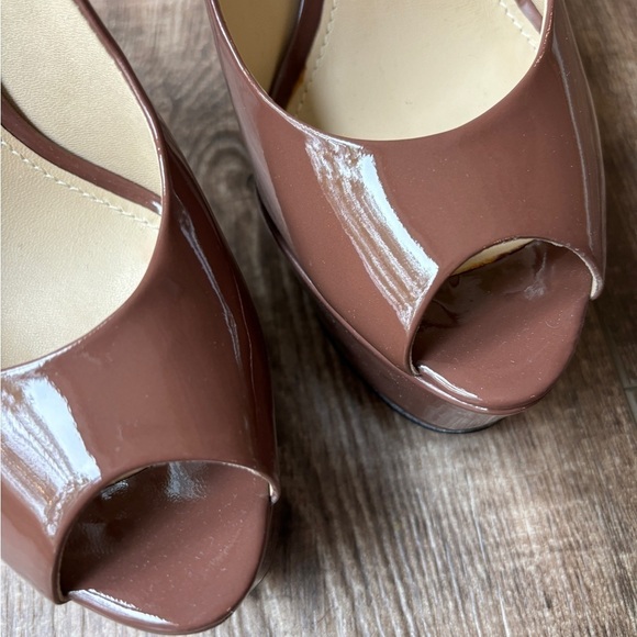 Brian Atwood Patent Leather Peep-Toe Stiletto Wine/Brown Women's Size 8.5 - Picture 4 of 12